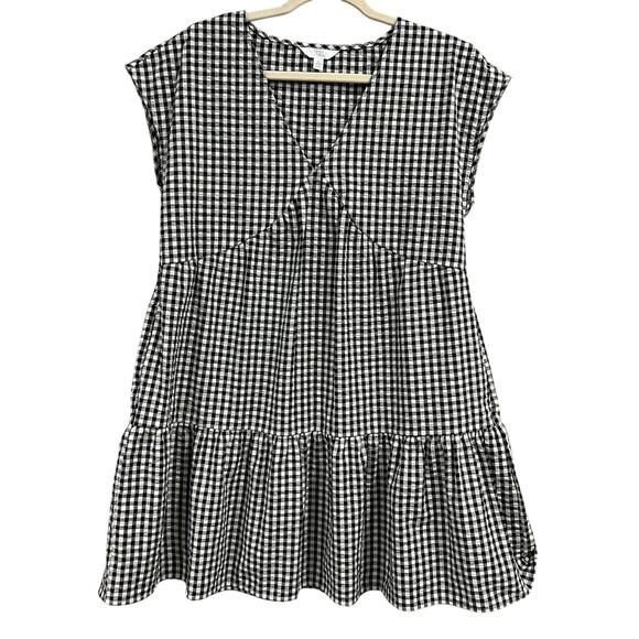 Time & Tru Black + White Gingham v-Neck Mini Ruffle Dress Small - Picture 1 of 3